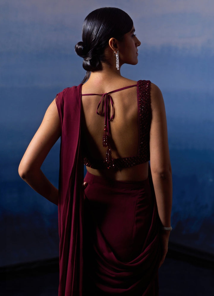 Burgundy Sequinned Georgette Pre - Draped Saree Angad Singh - Fabilicious Fashion
