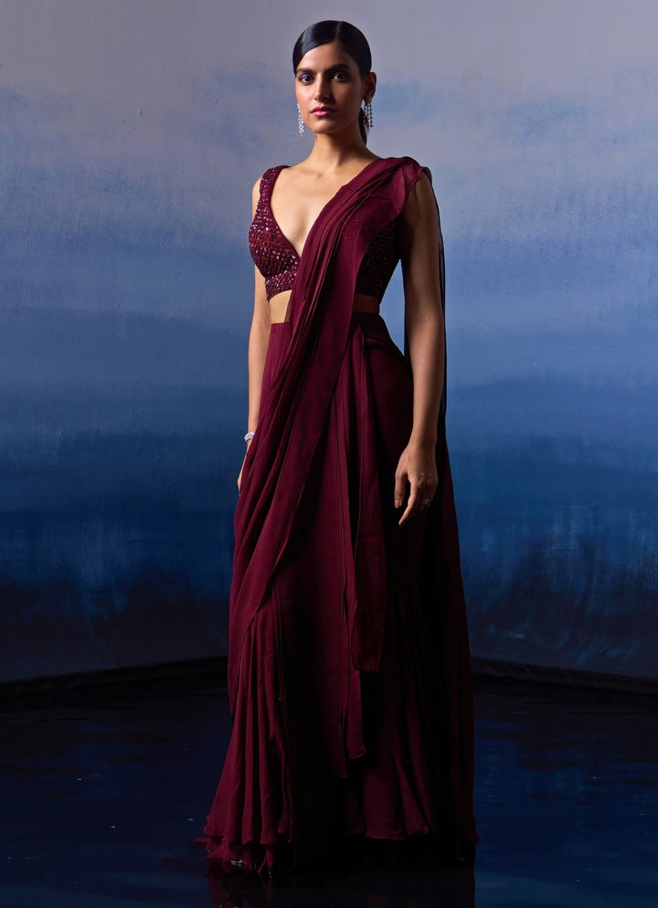 Burgundy Sequinned Georgette Pre - Draped Saree Angad Singh - Fabilicious Fashion