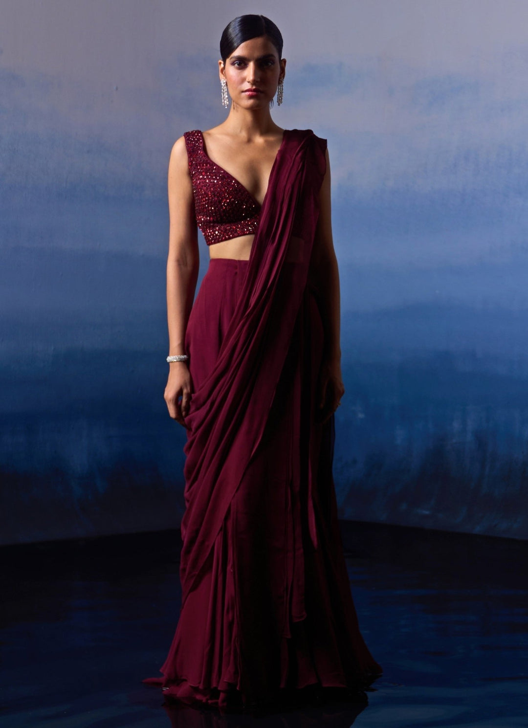 Burgundy Sequinned Georgette Pre - Draped Saree Angad Singh - Fabilicious Fashion
