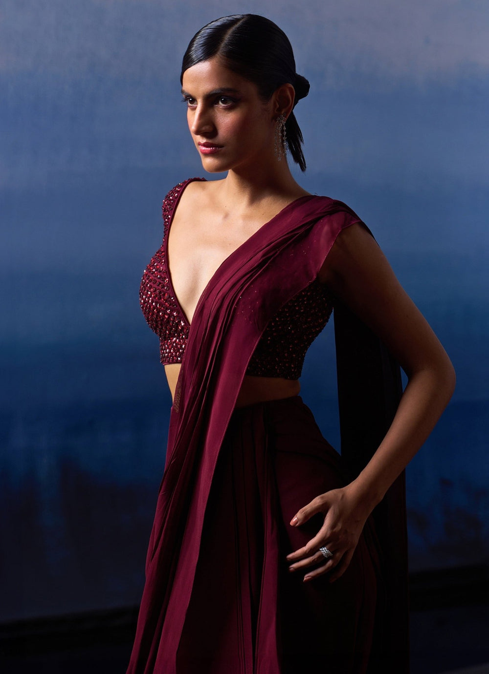 Burgundy Sequinned Georgette Pre - Draped Saree Angad Singh - Fabilicious Fashion