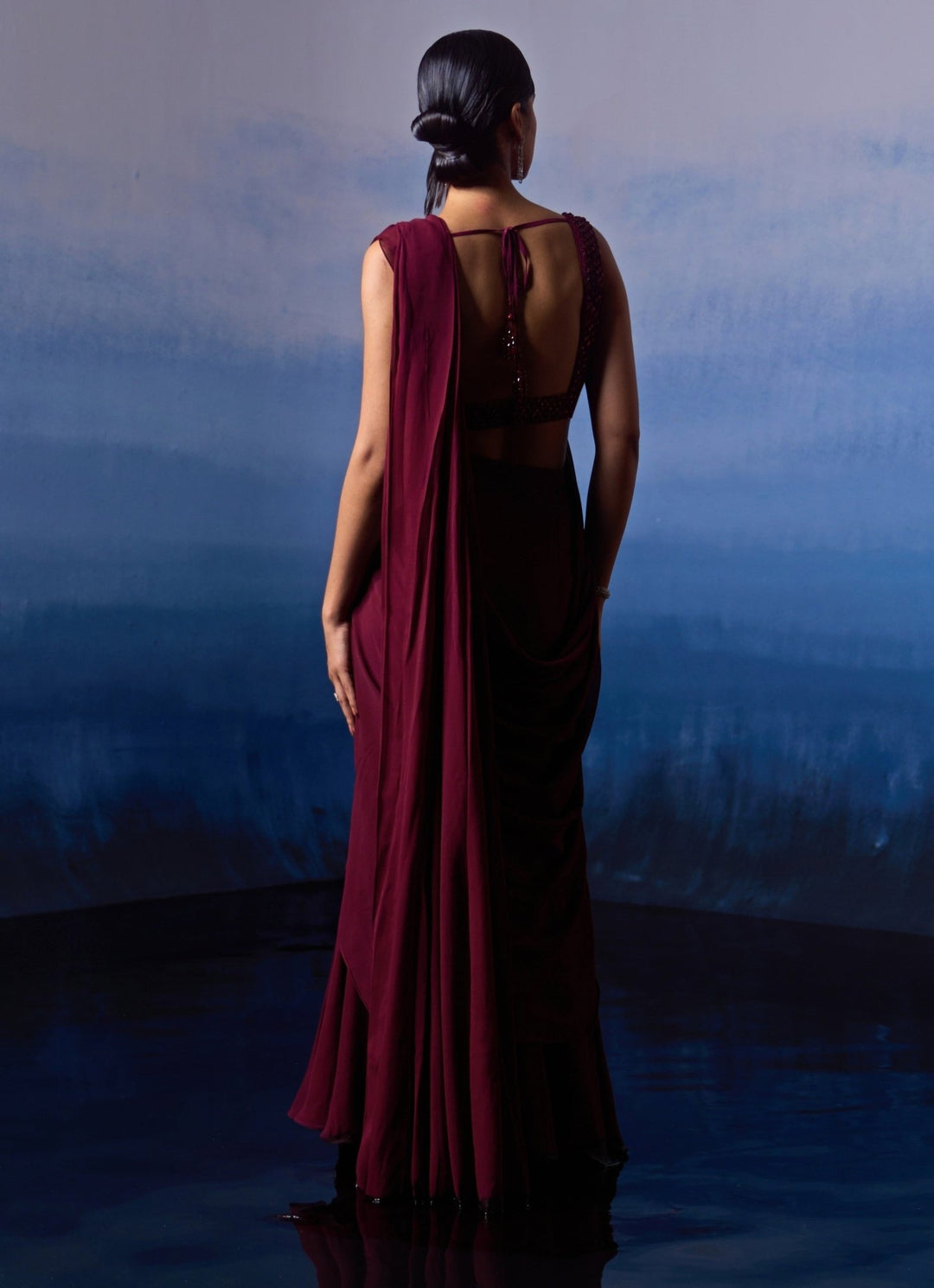 Burgundy Sequinned Georgette Pre - Draped Saree Angad Singh - Fabilicious Fashion