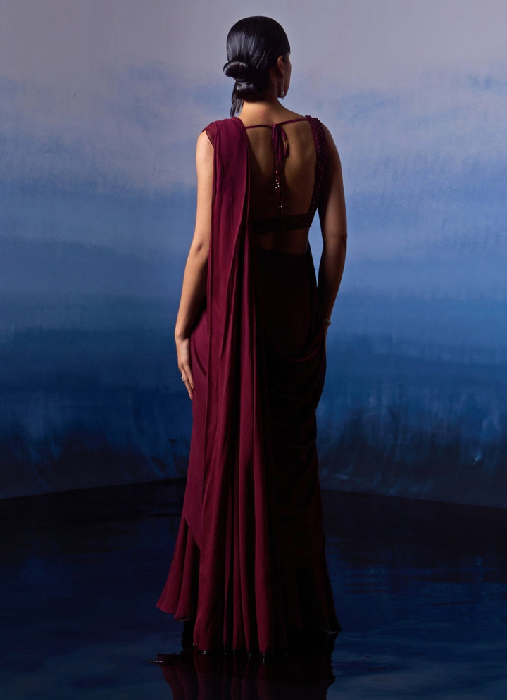 Burgundy Sequinned Georgette Pre - Draped Saree Angad Singh - Fabilicious Fashion