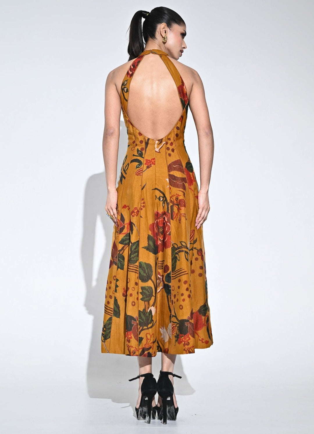 Juhi Bengani Burnt Mustard Yellow Organza Halter Midi DressFabilicious Fashion