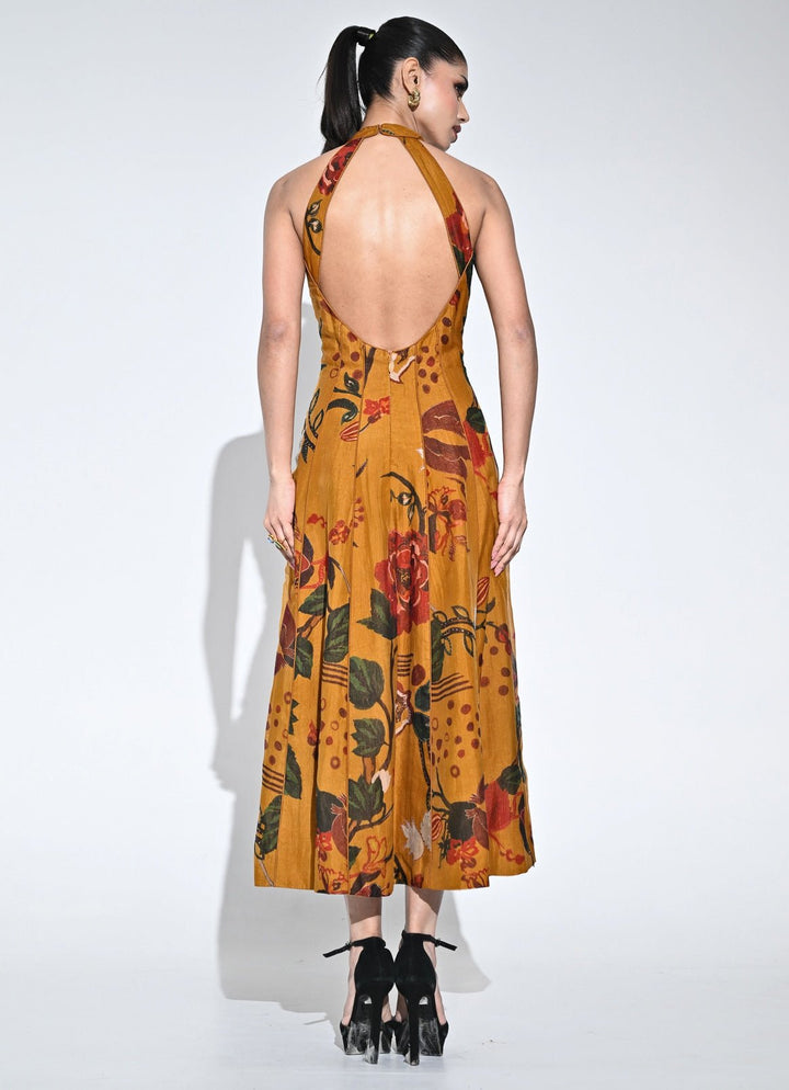 Juhi Bengani Burnt Mustard Yellow Organza Halter Midi DressFabilicious Fashion
