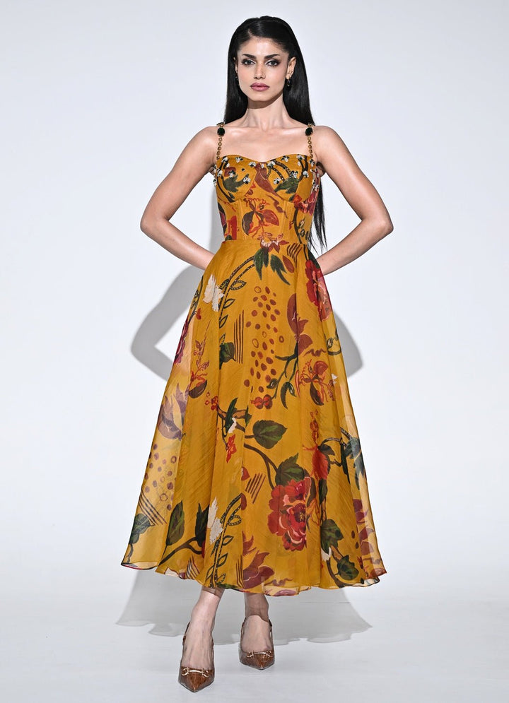 Juhi Bengani Burnt Mustard Yellow Printed Organza Corset DressFabilicious Fashion