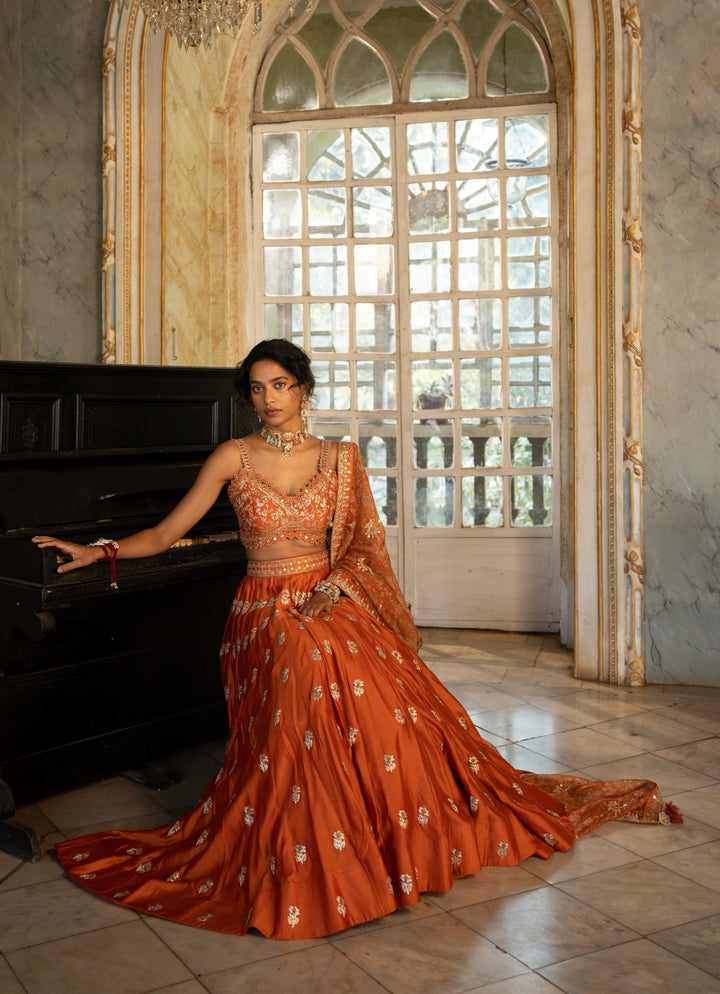 Burnt Orange Embroidered Silk Lehenga Set Paulmi and Harsh - Fabilicious Fashion