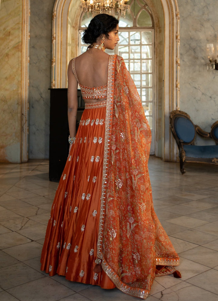 Burnt Orange Embroidered Silk Lehenga Set Paulmi and Harsh - Fabilicious Fashion