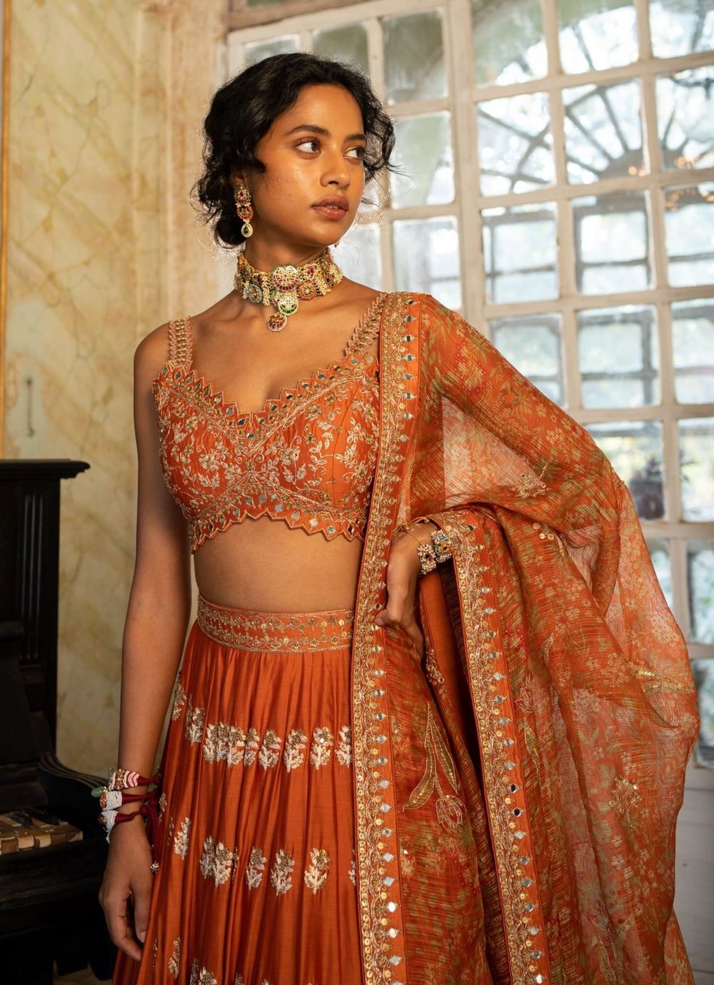 Burnt Orange Embroidered Silk Lehenga Set Paulmi and Harsh - Fabilicious Fashion