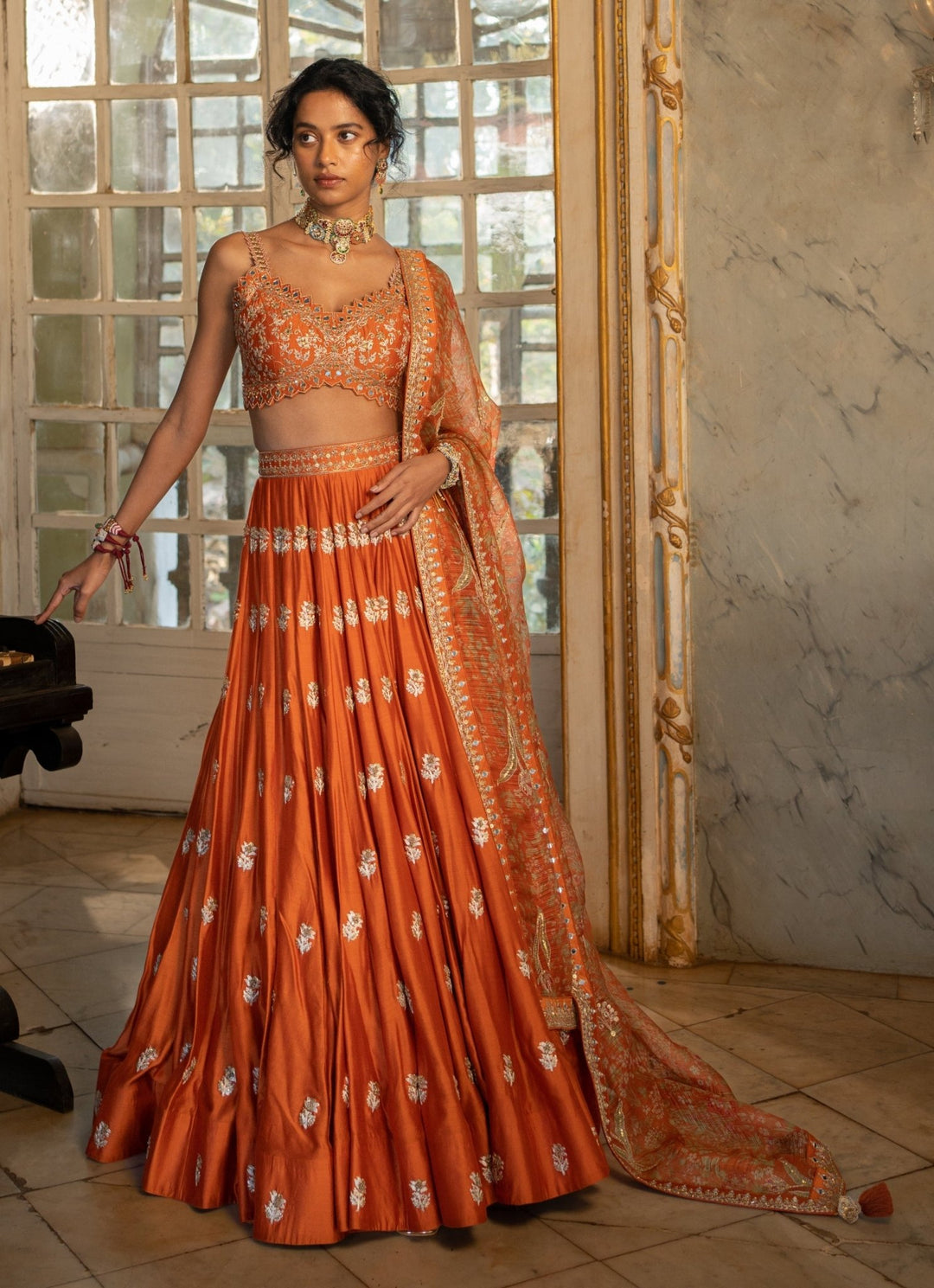 Burnt Orange Embroidered Silk Lehenga Set Paulmi and Harsh - Fabilicious Fashion