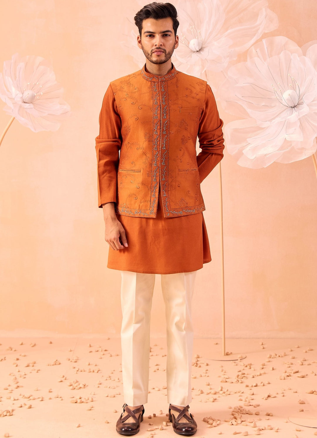 Burnt Orange Floral Embroidered Nehru Jacket Set Contrast by Parth - Fabilicious Fashion