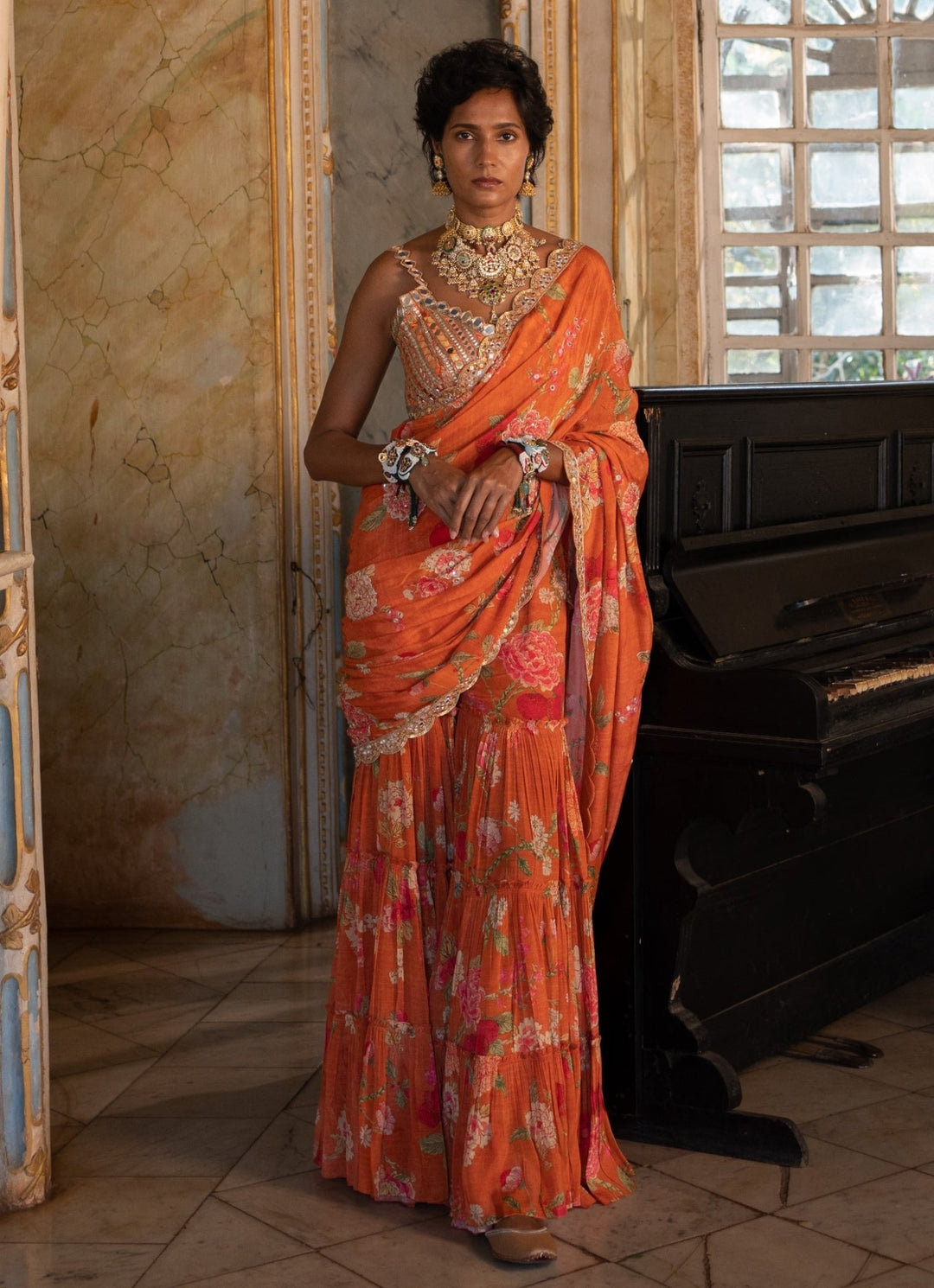 Burnt Orange Predraped Crepe Sharara Saree Set Paulmi and Harsh - Fabilicious Fashion