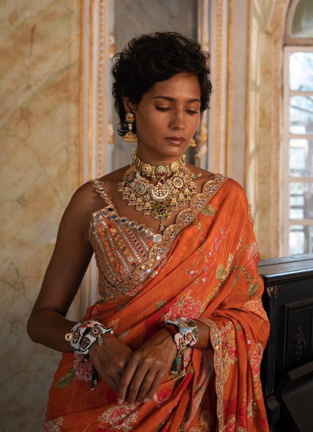 Burnt Orange Predraped Crepe Sharara Saree Set Paulmi and Harsh - Fabilicious Fashion
