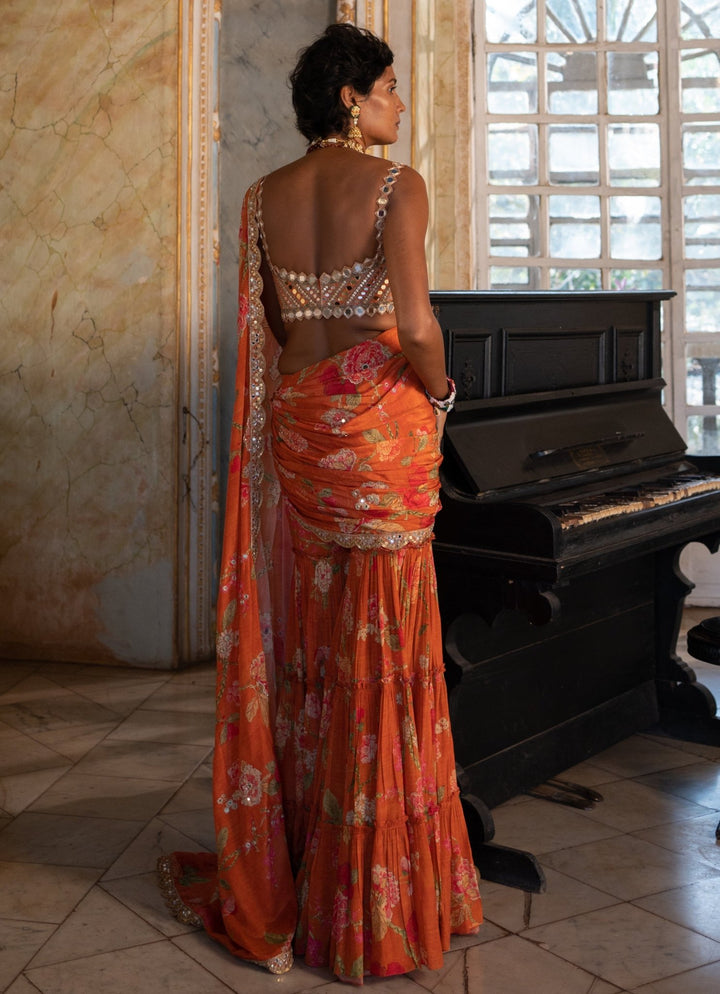 Burnt Orange Predraped Crepe Sharara Saree Set Paulmi and Harsh - Fabilicious Fashion