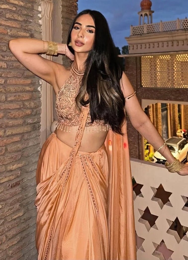 Jade by Ashima Burnt Orange Predraped Organza SareeFabilicious Fashion