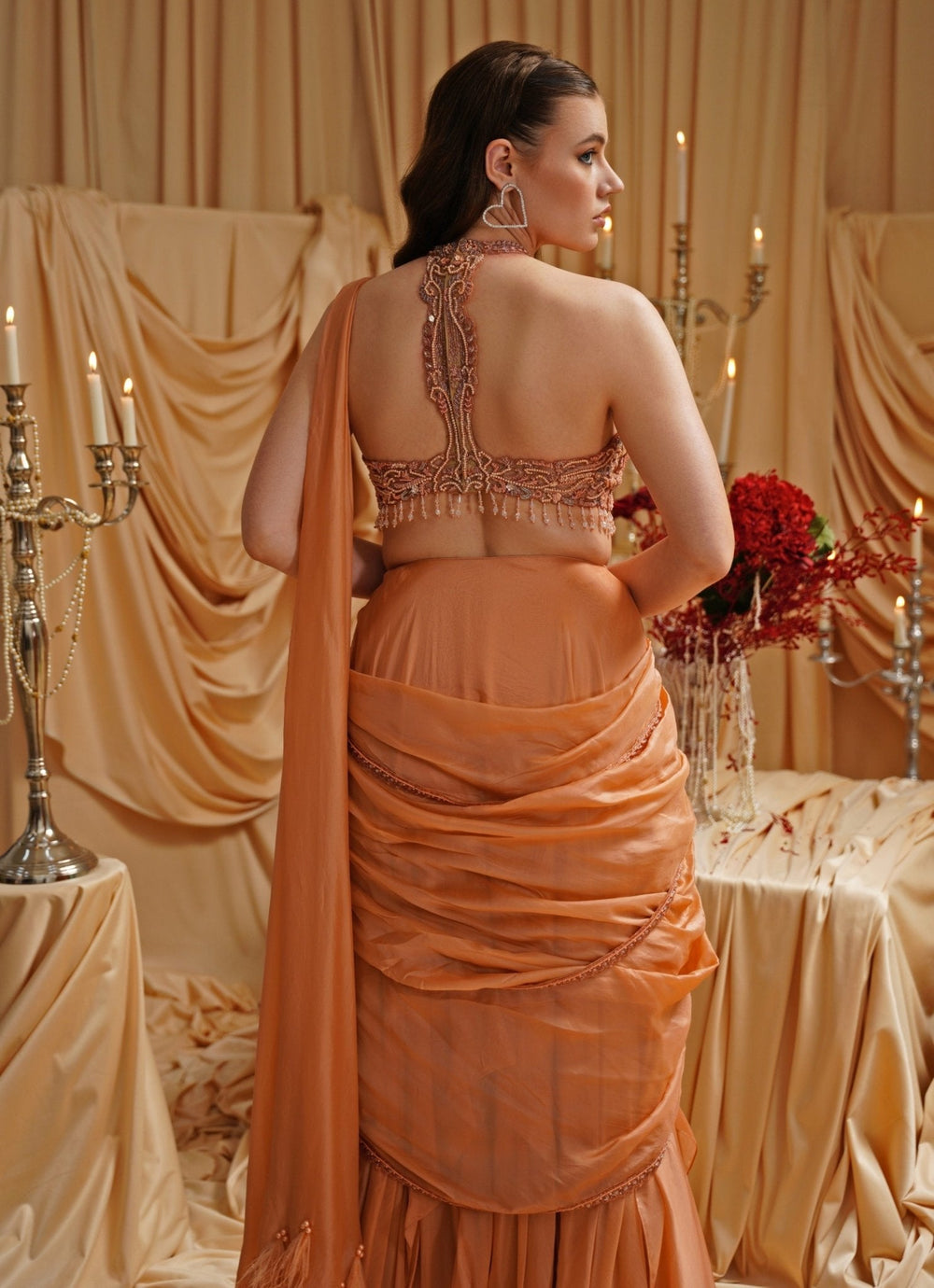 Burnt Orange Predraped Organza Saree Jade by Ashima - Fabilicious Fashion
