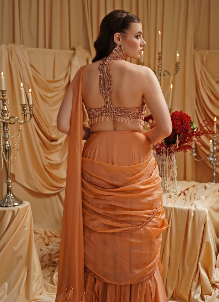 Burnt Orange Predraped Organza Saree Jade by Ashima - Fabilicious Fashion