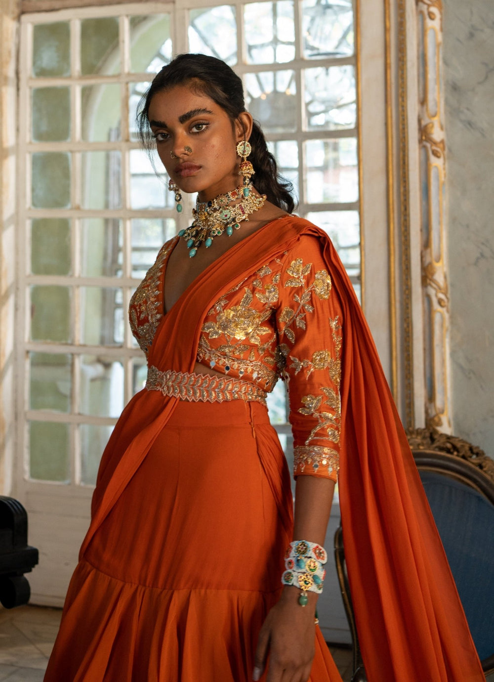 Burnt Orange Predraped Organza Saree Paulmi and Harsh - Fabilicious Fashion