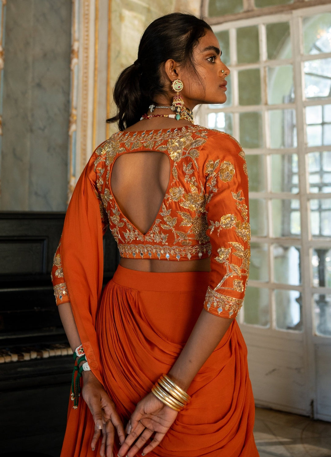 Burnt Orange Predraped Organza Saree Paulmi and Harsh - Fabilicious Fashion