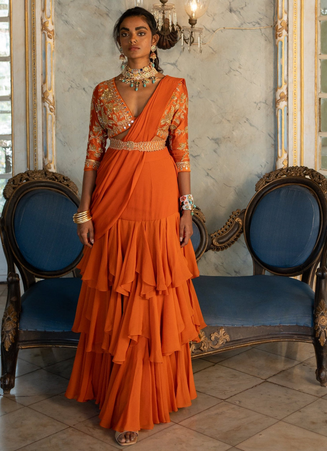 Burnt Orange Predraped Organza Saree Paulmi and Harsh - Fabilicious Fashion