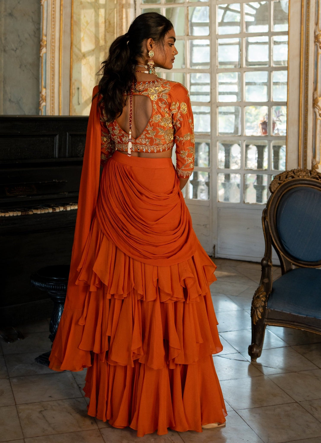 Burnt Orange Predraped Organza Saree Paulmi and Harsh - Fabilicious Fashion