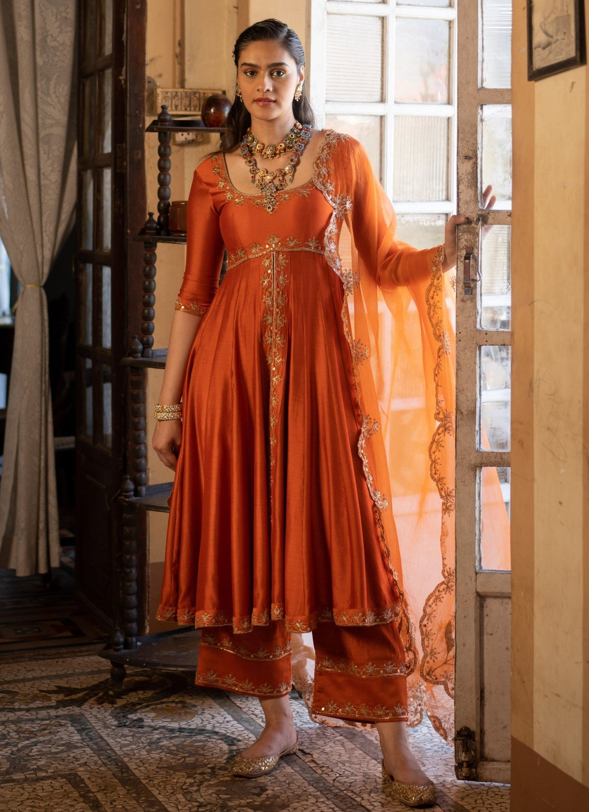 Paulmi and Harsh Burnt Orange Silk Anarkali for a henna night in Saudi Arabia