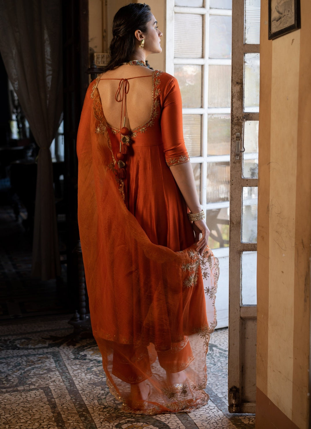 Burnt Orange Silk Anarkali Set Paulmi and Harsh - Fabilicious Fashion