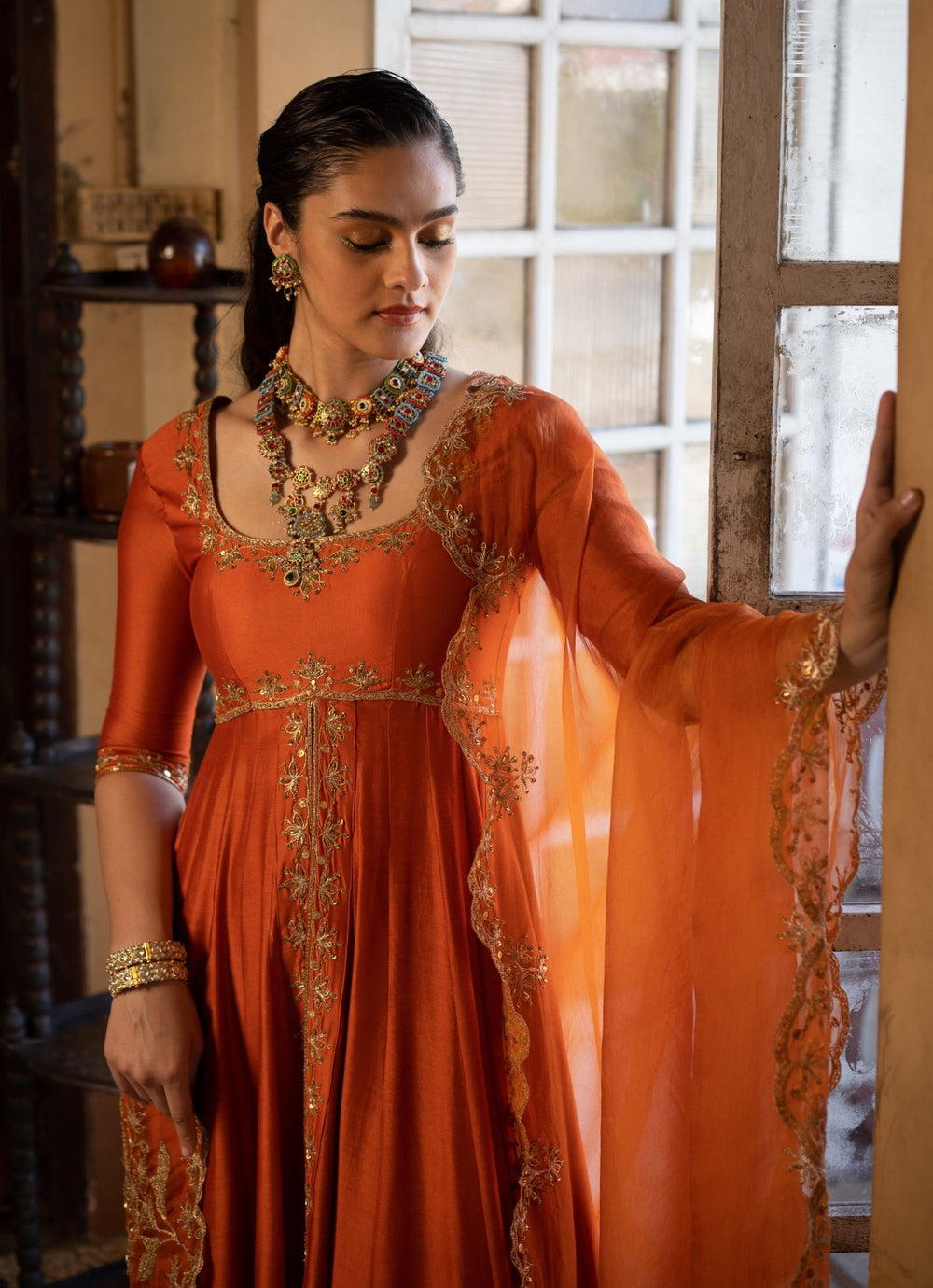 Burnt Orange Silk Anarkali Set Paulmi and Harsh - Fabilicious Fashion