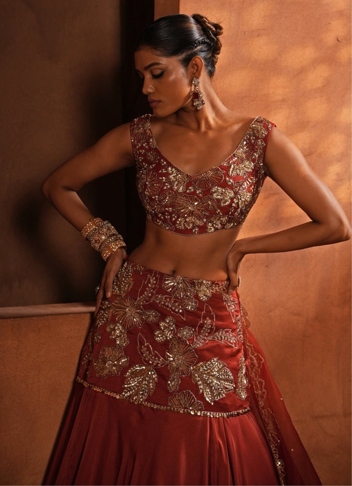 Burnt Orange Silk Mermaid Lehenga Enamour by Radha - Fabilicious Fashion