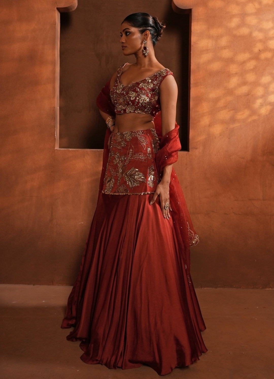 Burnt Orange Silk Mermaid Lehenga Enamour by Radha - Fabilicious Fashion