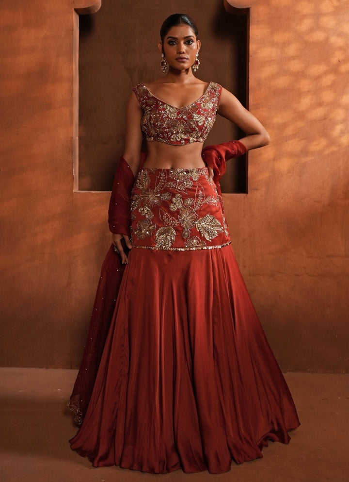 Burnt Orange Silk Mermaid Lehenga Enamour by Radha - Fabilicious Fashion