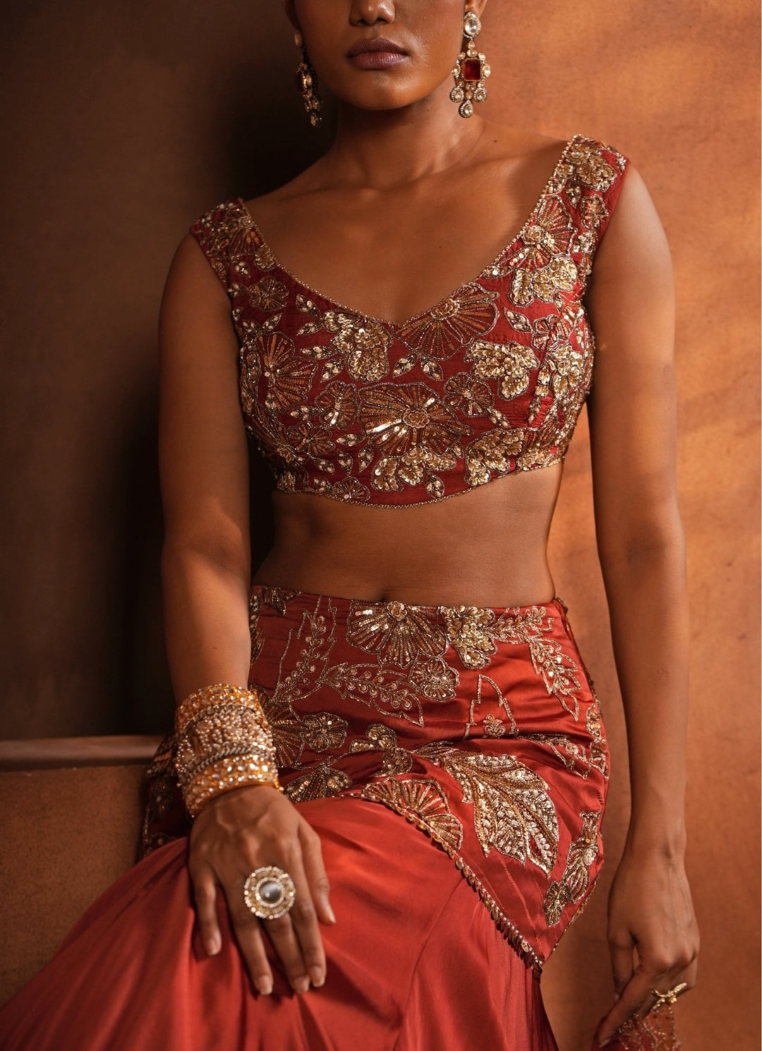 Burnt Orange Silk Mermaid Lehenga Enamour by Radha - Fabilicious Fashion