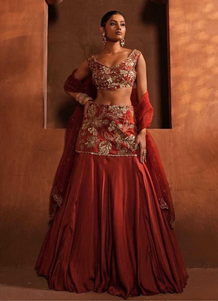 Burnt Orange Silk Mermaid Lehenga Enamour by Radha - Fabilicious Fashion