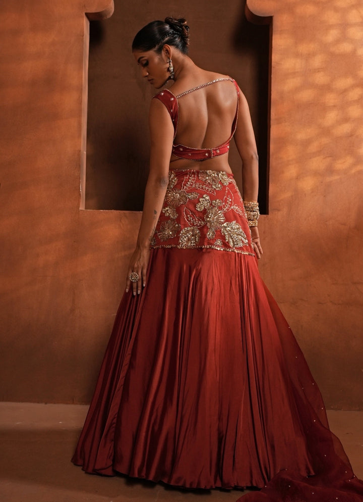 Burnt Orange Silk Mermaid Lehenga Enamour by Radha - Fabilicious Fashion