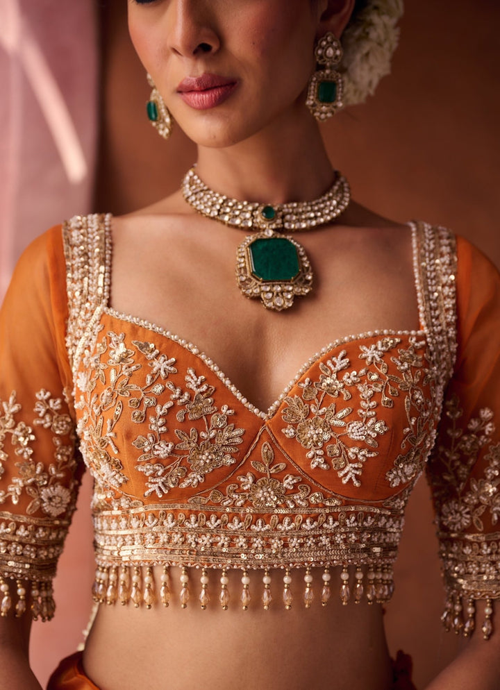 Burnt Orange Tissue Lehenga Set KAPDA DORI - Fabilicious Fashion