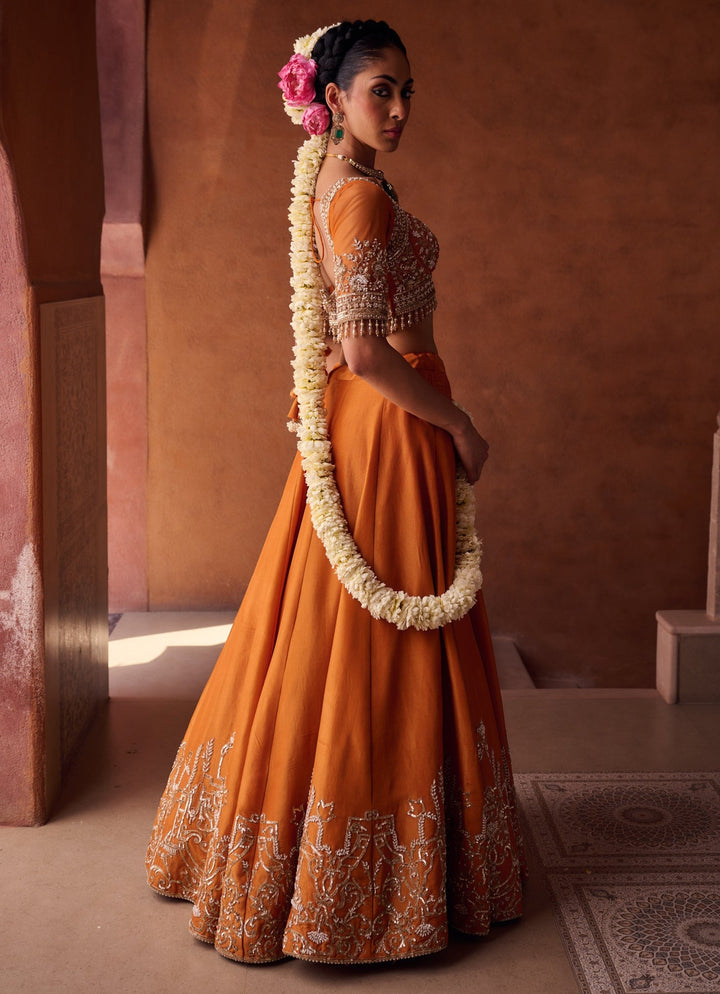 Burnt Orange Tissue Lehenga Set KAPDA DORI - Fabilicious Fashion