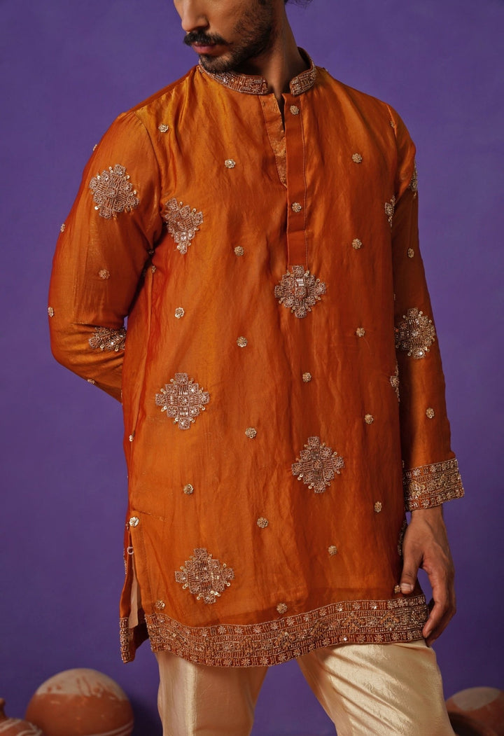 Kalpraag Burnt Orange Tissue Silk Short Kurta SetFabilicious Fashion