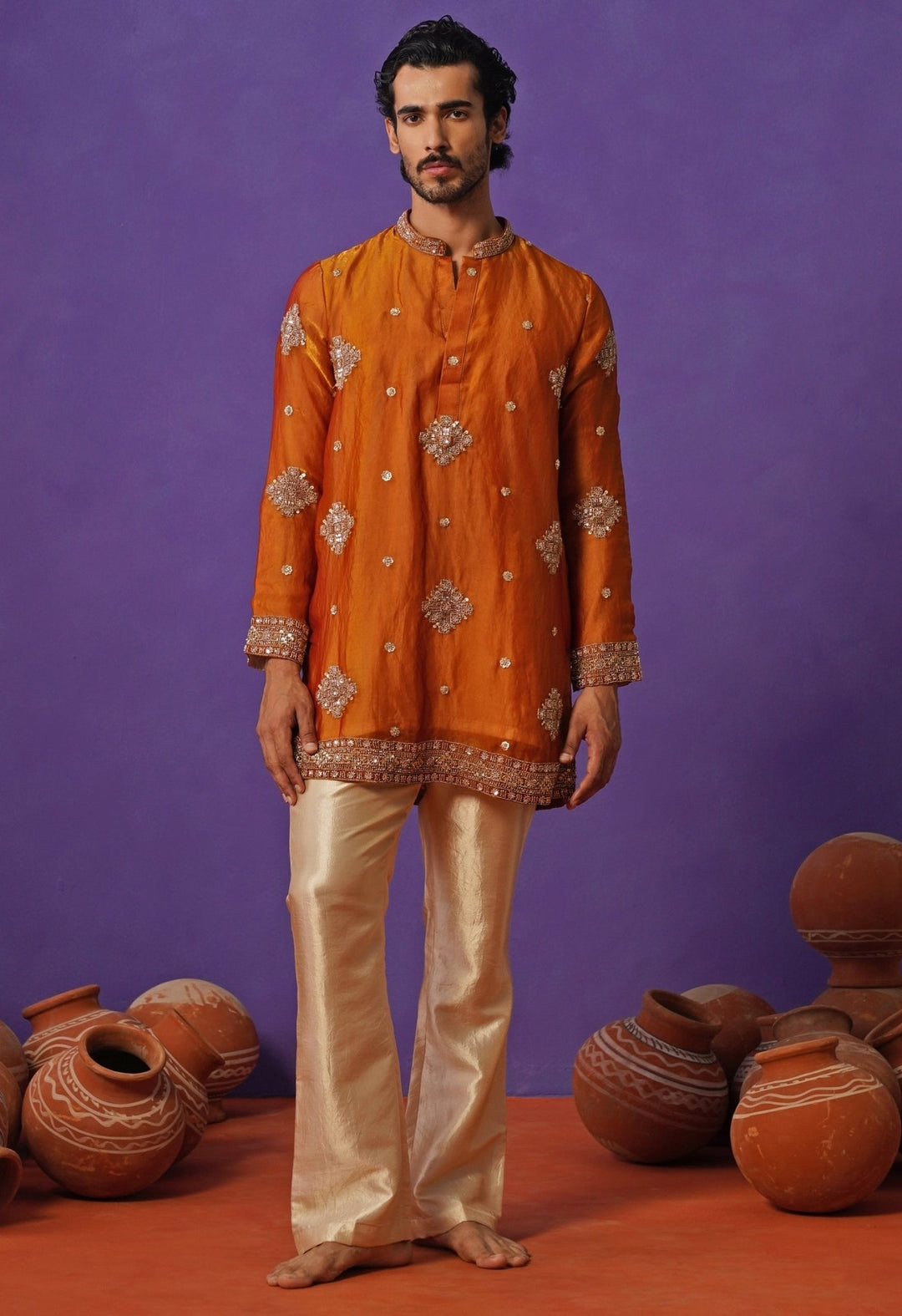 Kalpraag Burnt Orange Tissue Silk Short Kurta SetFabilicious Fashion