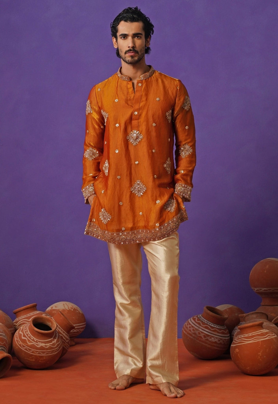 Kalpraag Burnt Orange Tissue Silk Short Kurta SetFabilicious Fashion