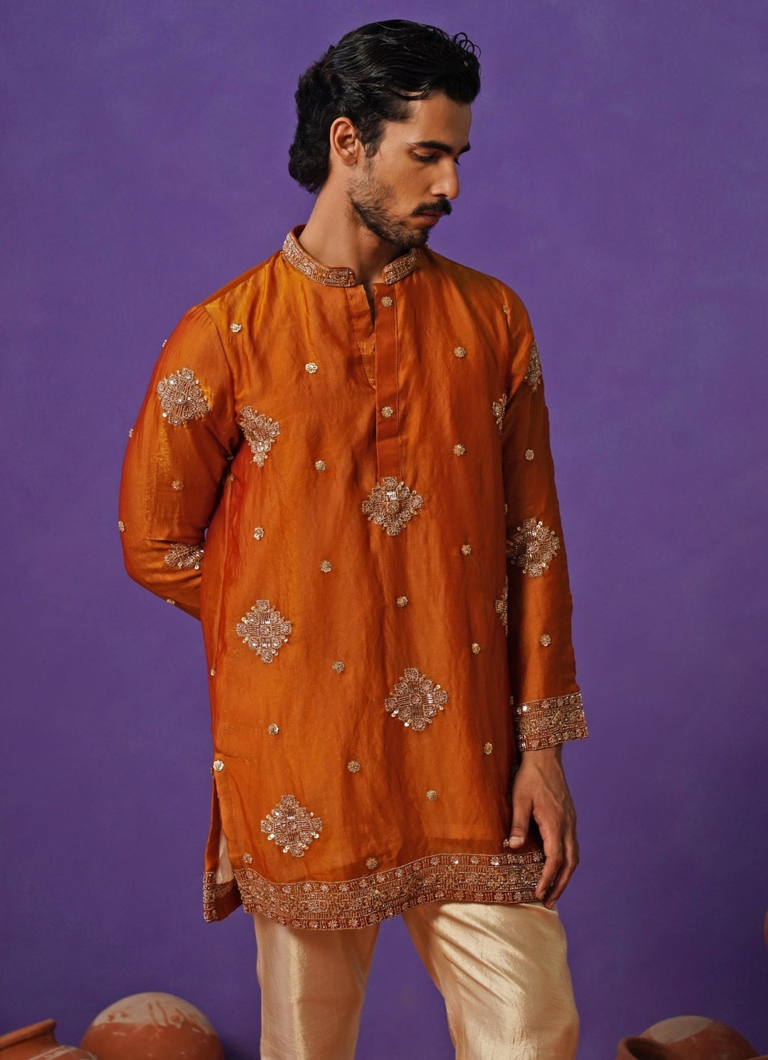 Kalpraag Burnt Orange Tissue Silk Short Kurta SetFabilicious Fashion