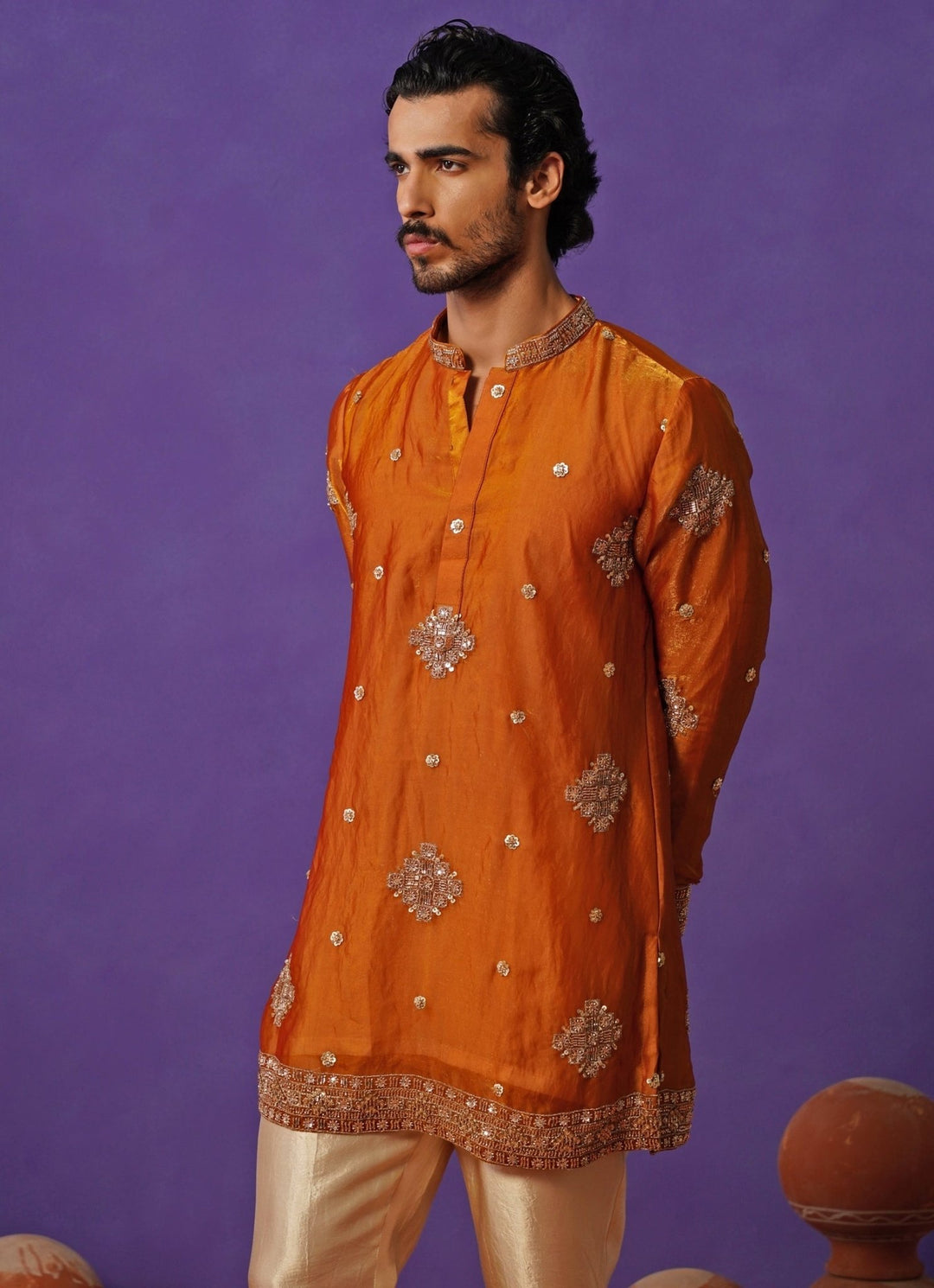 Kalpraag Burnt Orange Tissue Silk Short Kurta SetFabilicious Fashion