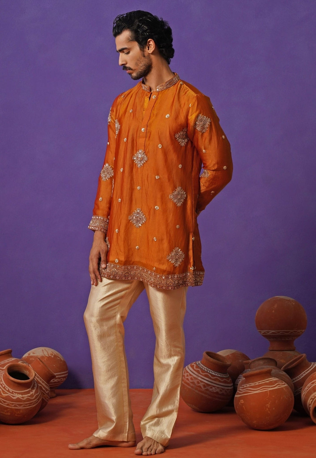 Kalpraag Burnt Orange Tissue Silk Short Kurta SetFabilicious Fashion