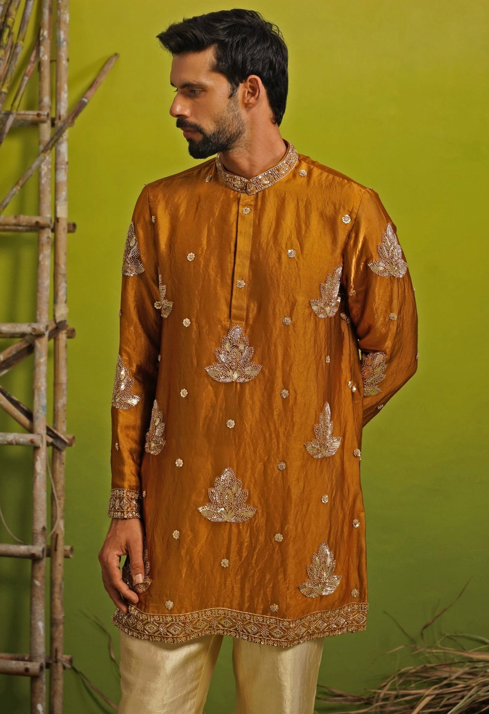 Burnt Orange Tissue Silk Short Kurta Set Kalpraag - Fabilicious Fashion