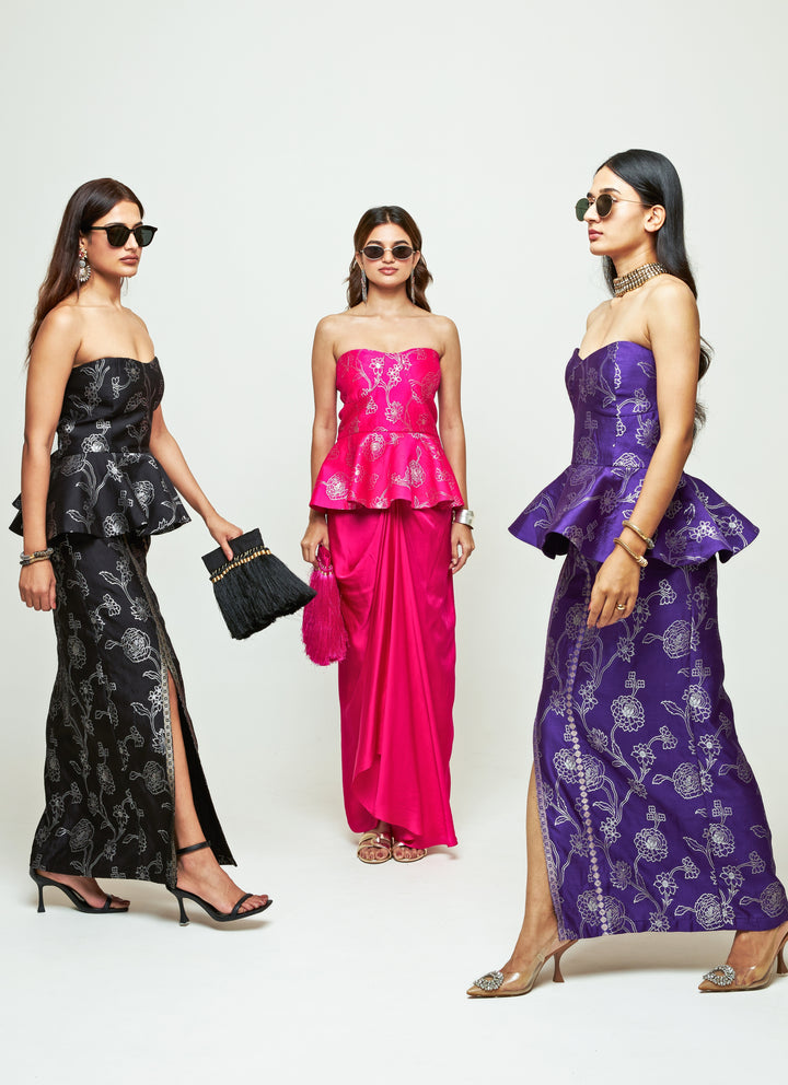 Pink Brocade Silk Peplum Top With Draped Skirt Set