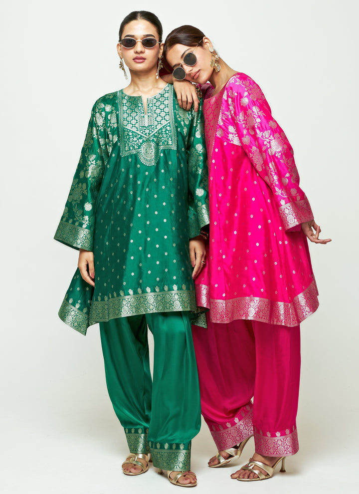 Pink Brocade Silk Kurta With Farshi Salwar Set