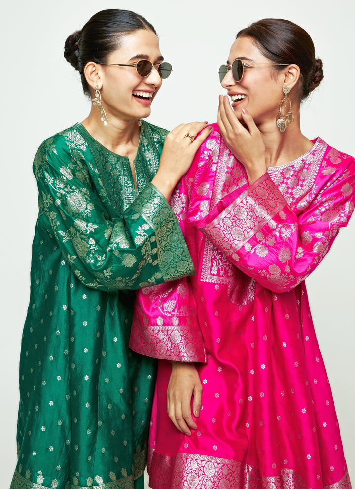Green Brocade Silk Kurta With Farshi Salwar Set