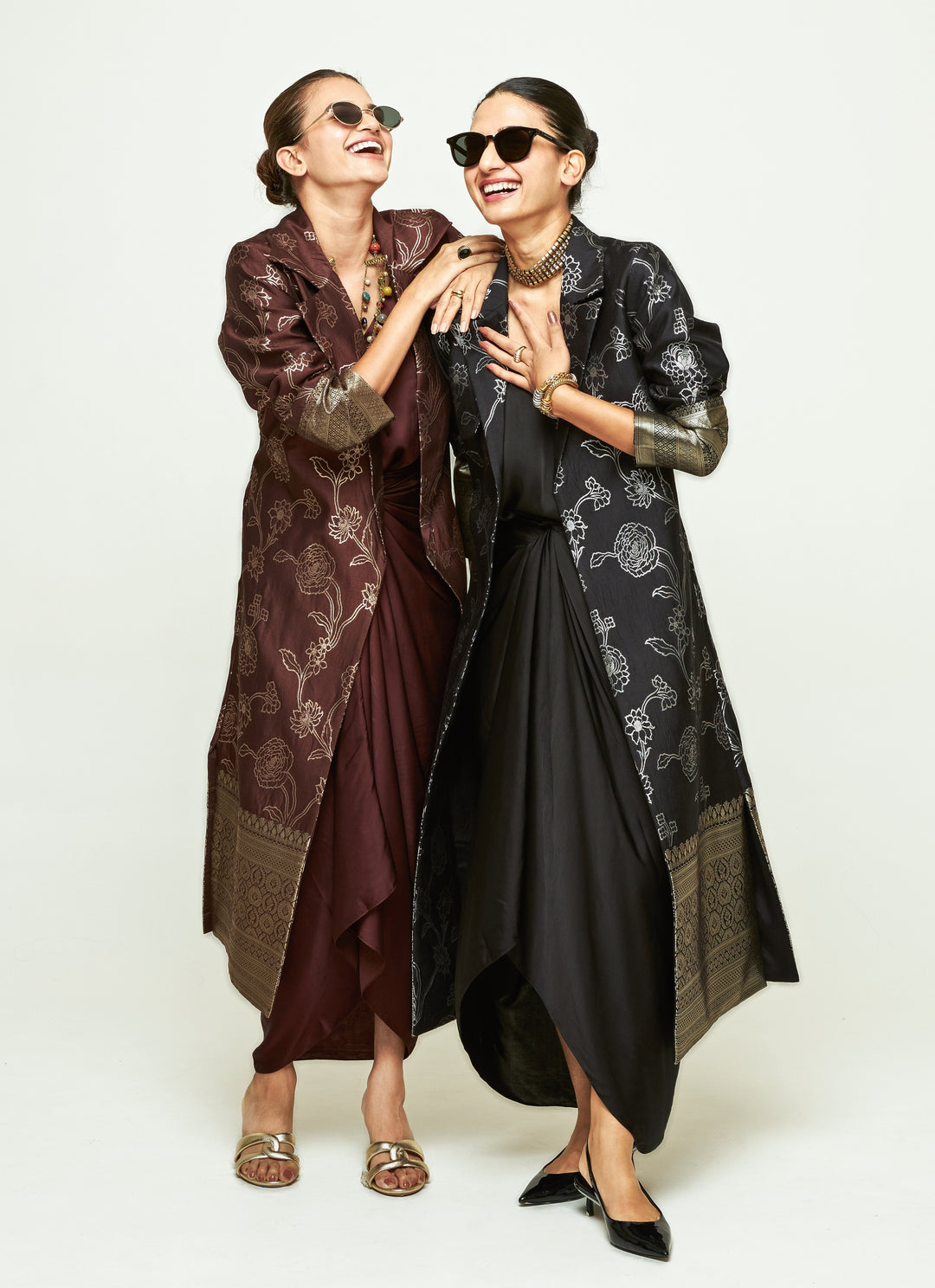 Brown Brocade Trench Jacket With Draped Dress