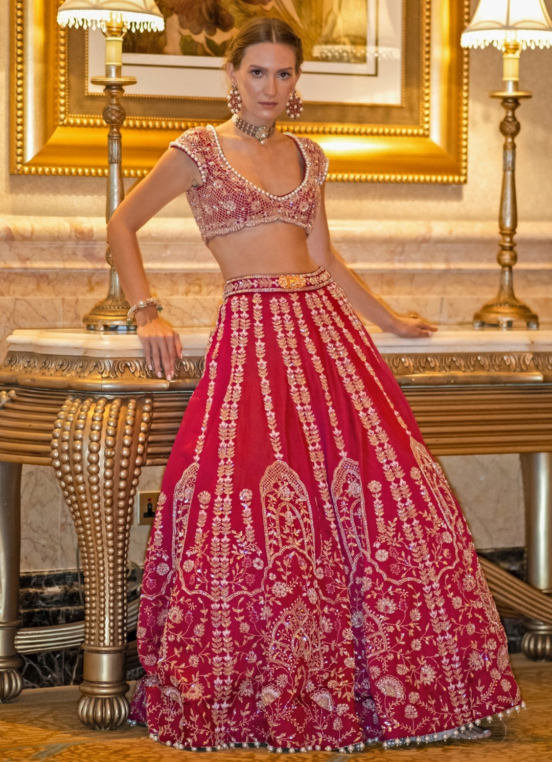 Carmine Red Embroidered Bridal Silk Lehenga Set Jigar and Nikita - Fabilicious Fashion