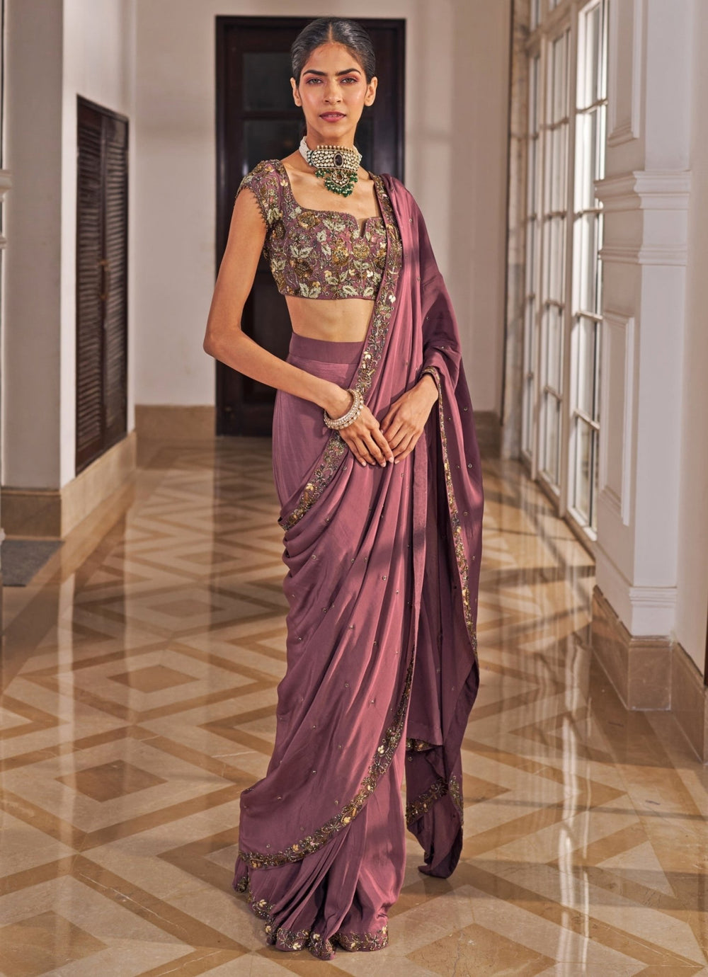 Cedar Pink Embroidered Crepe Predraped Saree Set Nidhika Shekar - Fabilicious Fashion