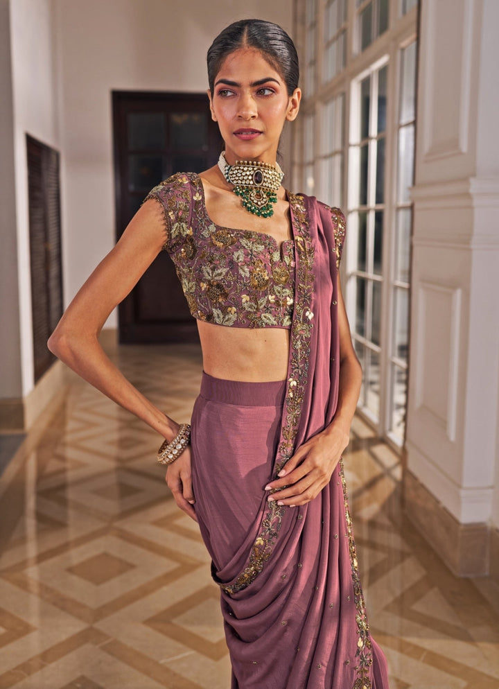 Cedar Pink Embroidered Crepe Predraped Saree Set Nidhika Shekar - Fabilicious Fashion