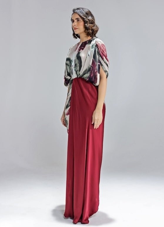 Studio Surbhi Champagne and Red Printed Georgette Satin GownFabilicious Fashion